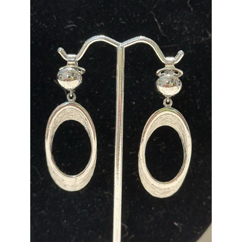 Crown Trifari Vintage Retro MCM Brushed Silver Tone Oval Dangle Clip On Earrings